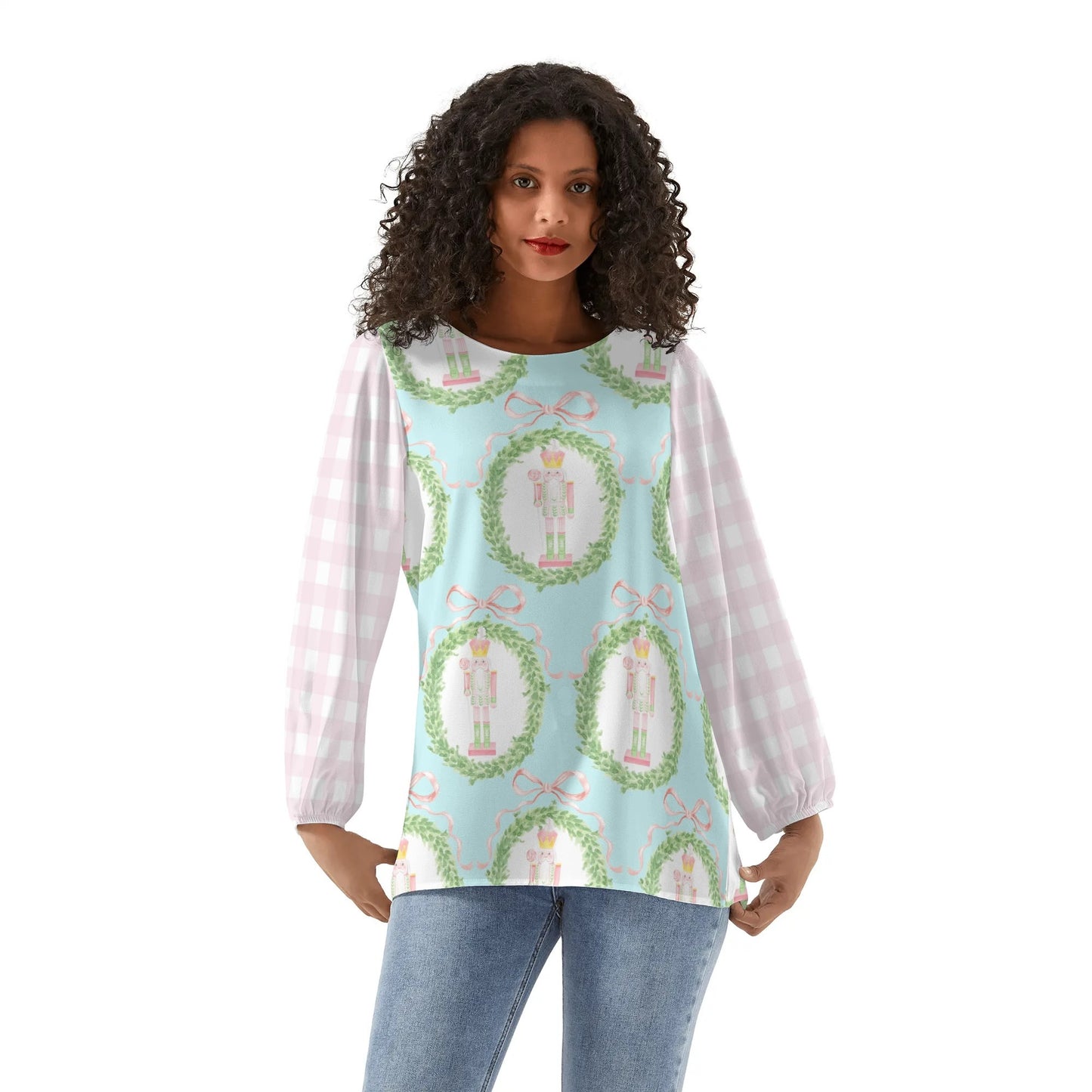 Womens Long-Sleeve Nutcracker Chiffon Blouse (Pastel)