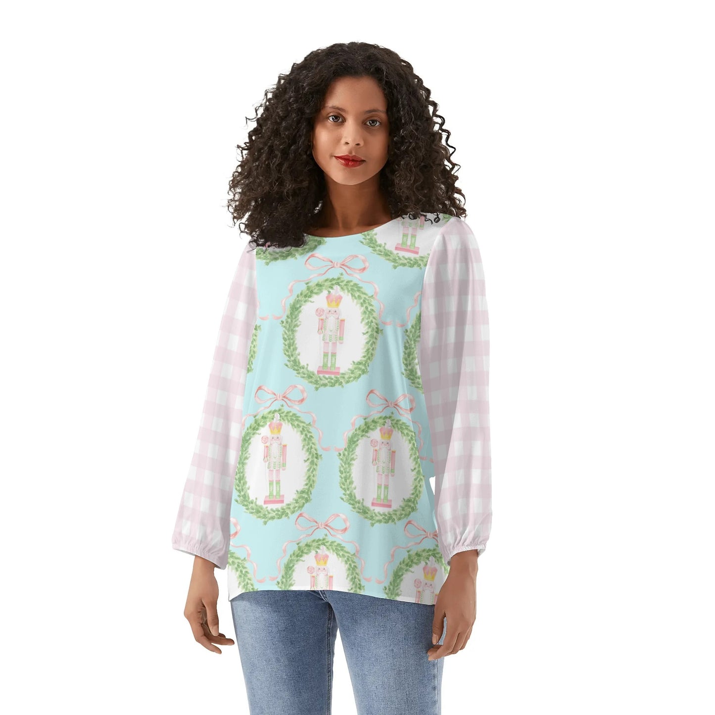 Womens Long-Sleeve Nutcracker Chiffon Blouse (Pastel)