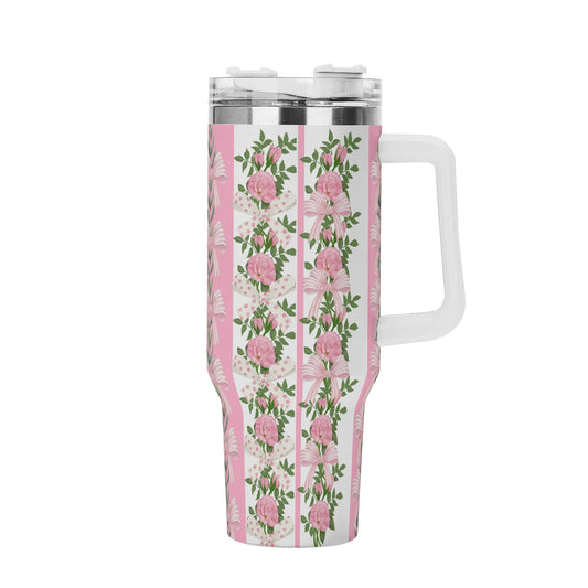 Pink Coquette Floral Stainless Steel Tumbler Gift With White Handle and Straw