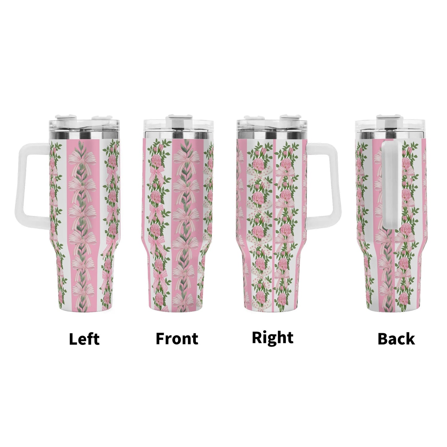 Pink Coquette Floral Stainless Steel Tumbler Gift With White Handle and Straw