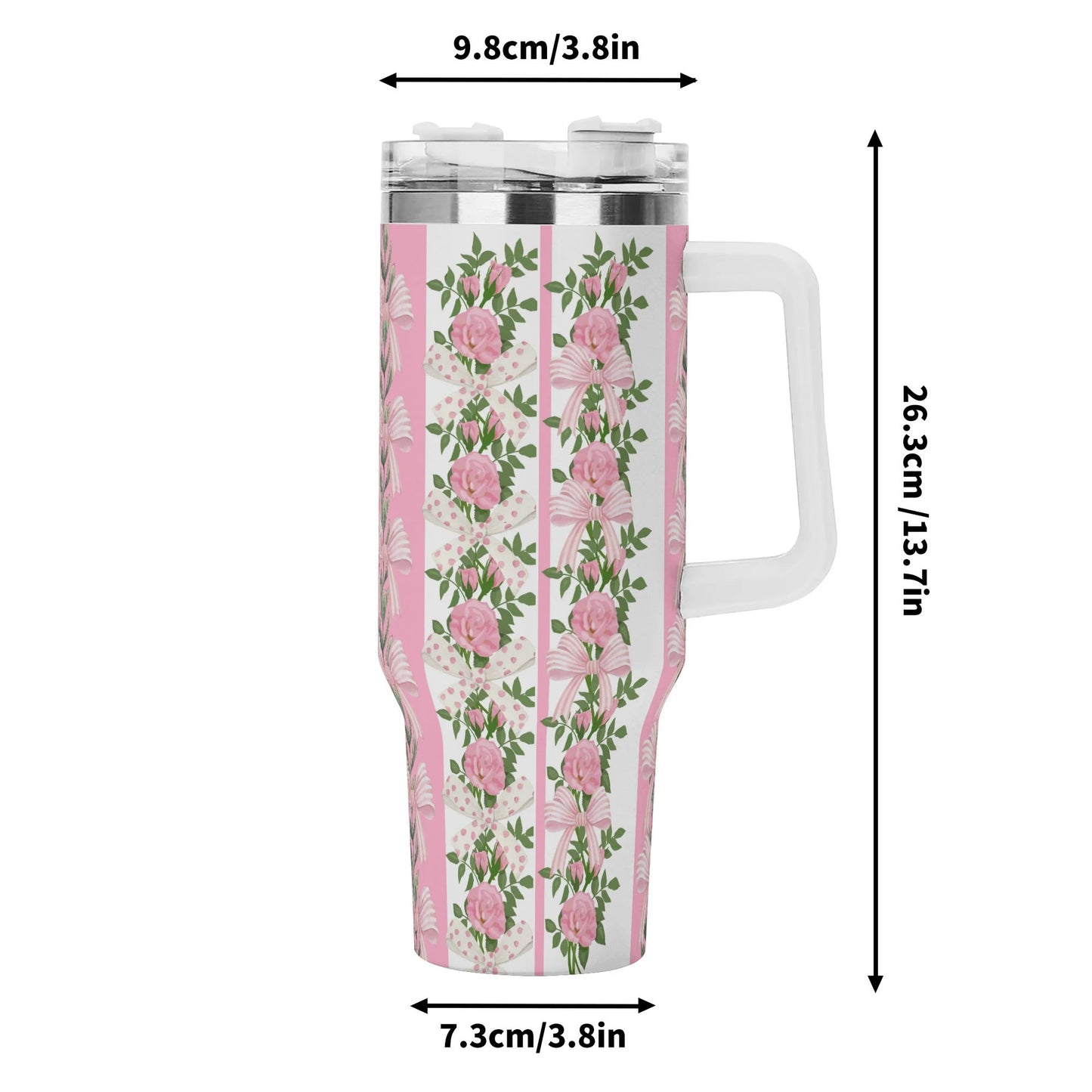 Pink Coquette Floral Stainless Steel Tumbler Gift With White Handle and Straw