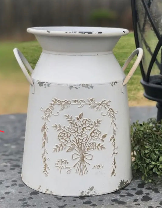 Flower Embossed Cream Distressed Milk Can