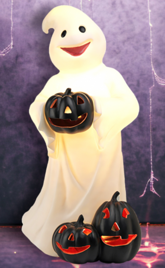 30"LED Standing Ghost w/Blk Pumpkins-Preorder