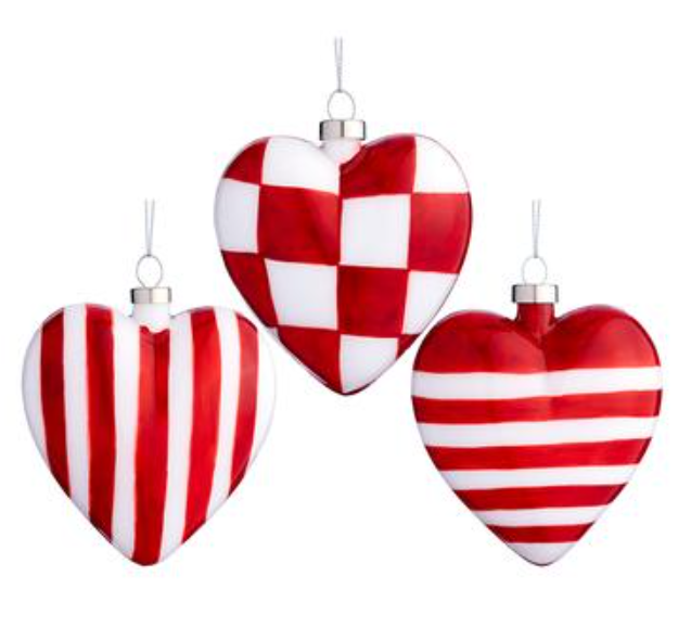 4.25" Glass Heart Ornament (3 ea/set) Red White~pre-order