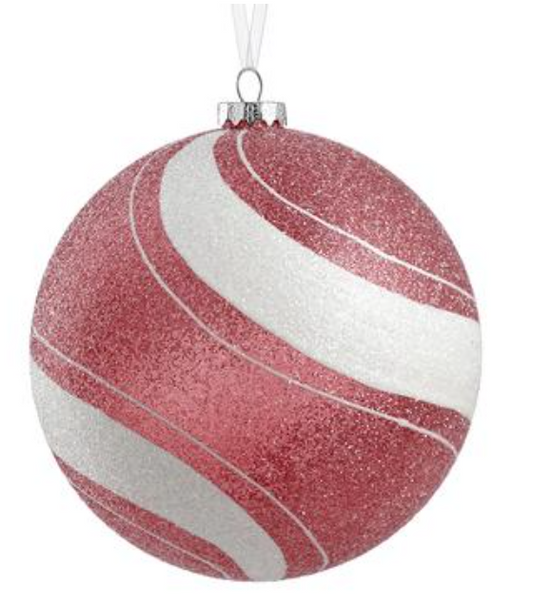 6" Glittered Swirl Ball Ornament Red White~pre-order