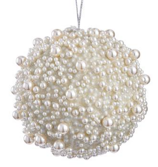 4.5" Beaded Ball Ornament  Silver Pearl~pre-order