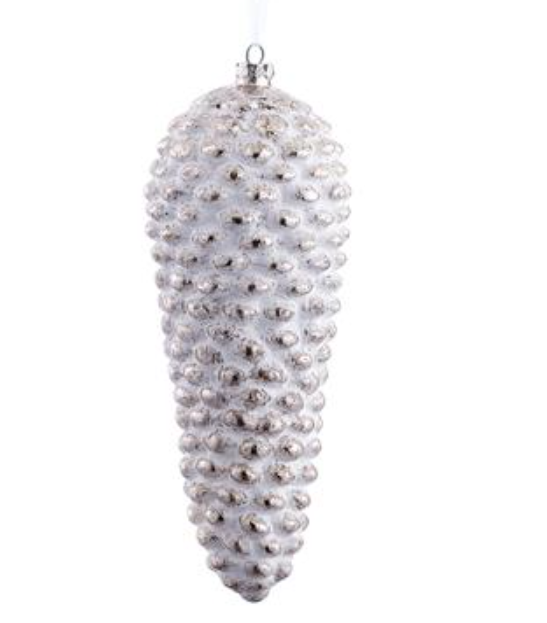 12" Glass Pine Cone Ornament  White Silver~pre-order