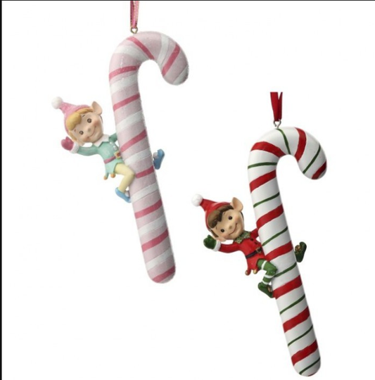 6" Resin Elf On Candy Cane Ornament-Pre-Order