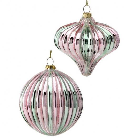 4" Glass Stripe/Ridge Ball/Finial Ornament 2As