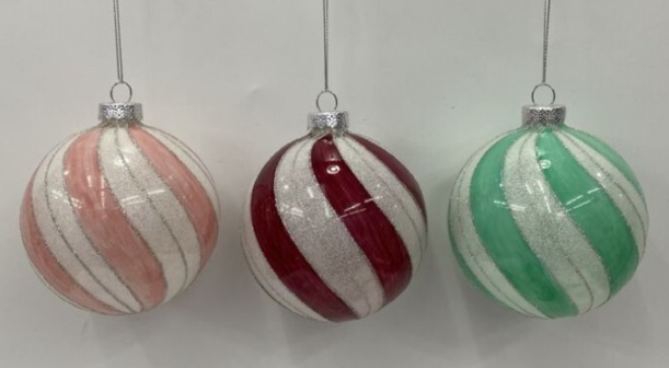 3.5" Glass Candy Striped Ball Ornament 3/Ast - Pre-Order