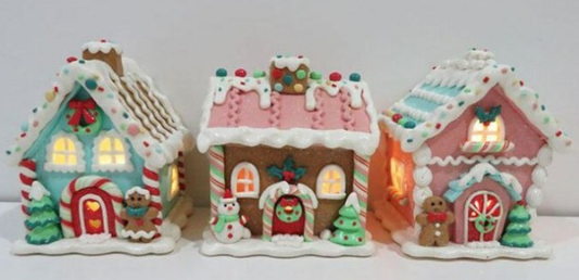 5" LED/BTY TMR Pastel Gingerbread House 3/Ast - Pre-order