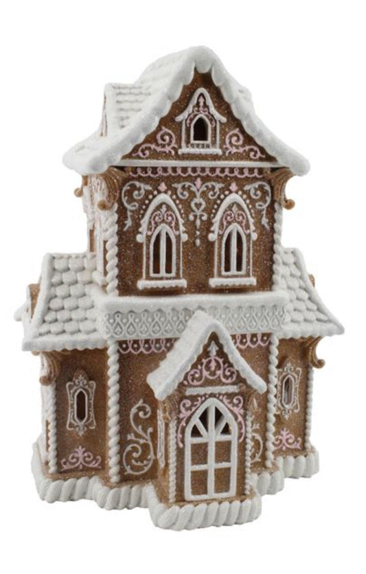 Pink and white Gingerbread house w/ lights- In -stock